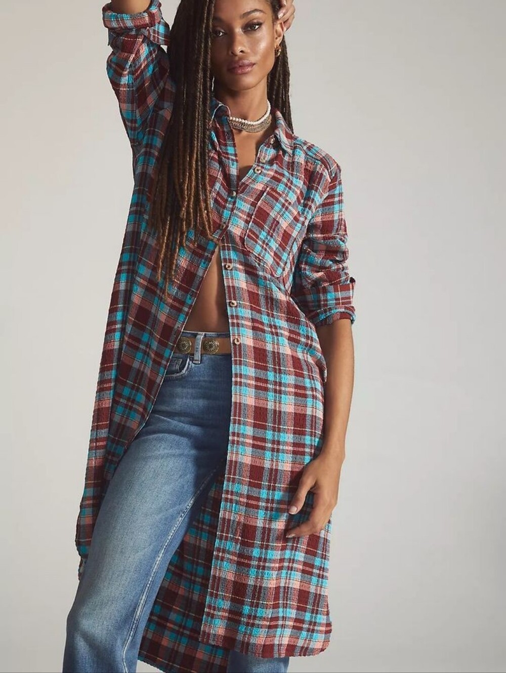 Pilcro Long Plaid Button-Down Shirt Dress in Burgundy and Teal